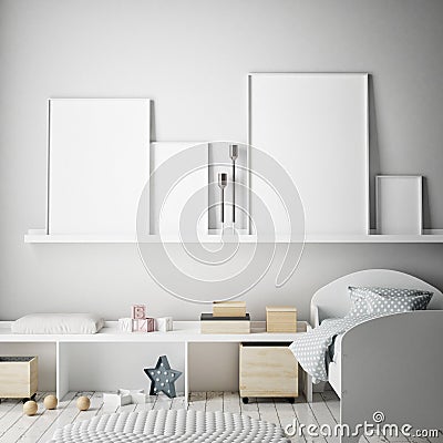 Mock up poster frames in children bedroom, scandinavian style interior background, 3D render Cartoon Illustration