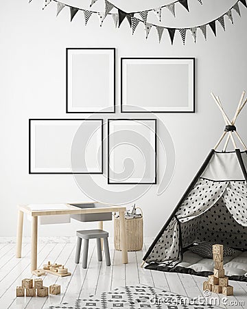 Mock up poster frames in children bedroom, scandinavian style interior background, 3D render Cartoon Illustration