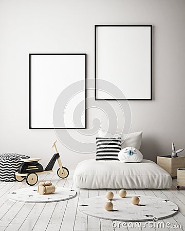 Mock up poster frames in children bedroom, scandinavian style interior background, 3D render Cartoon Illustration