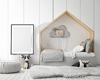 Mock up poster frames in children bedroom, scandinavian style interior background, 3D render Cartoon Illustration