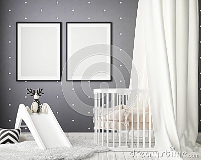 Mock up poster frames in children bedroom, scandinavian style interior background, 3D render Cartoon Illustration