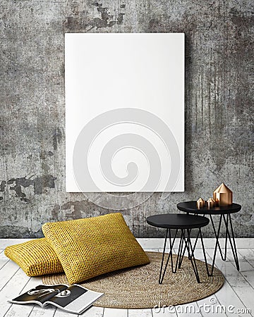 Mock up poster frames in hipster interior background Stock Photo