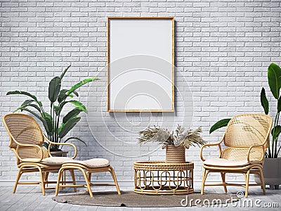 Mock up poster frames with two rattan armchairs Cartoon Illustration