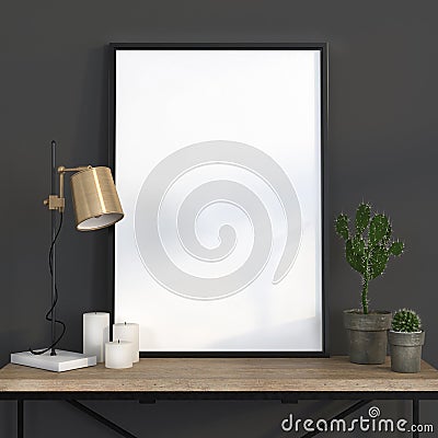 Mock up poster with a golden lamp Stock Photo