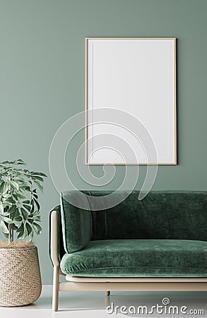 Mock up poster in green Living room, Scandinavian home decor Stock Photo