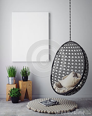 Mock up poster in hipster interior background, Stock Photo