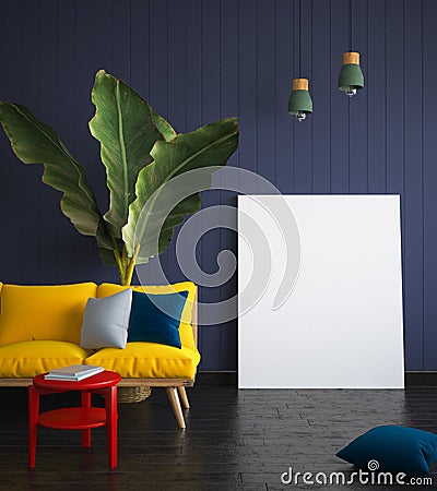 Mock up poster in hipster interior with yellow sofa Stock Photo