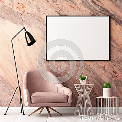 Mock up poster in the interior with an armchair and a table on the background of a marble wall, 3d render, 3d illustration. Stock Photo