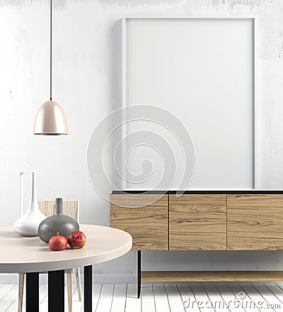 Mock up poster in interior with coffee table and sofa. Cartoon Illustration