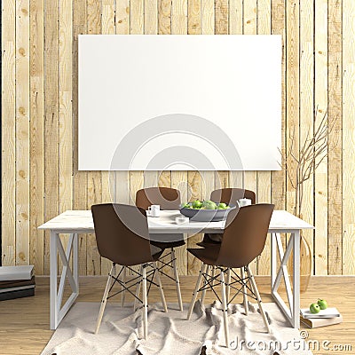 Mock up poster in interior with dining area. 3d illustration Cartoon Illustration