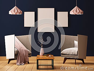 Mock up poster in the interior of a living room with armchairs and lamps. 3d illustration 3d render. Cartoon Illustration