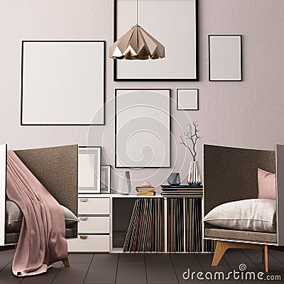 Mock up poster in the interior of the living room with boxing for vinyl LPs. hipster trend style. 3d rendering, 3d illustration. Stock Photo