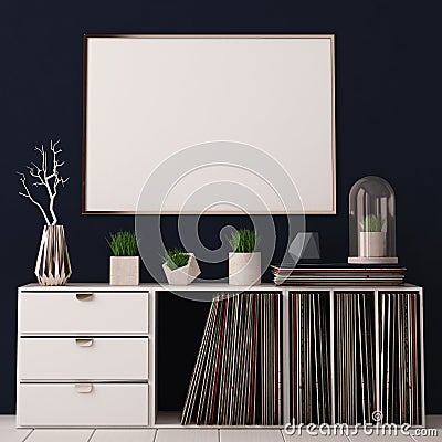 Mock up poster in the interior of the living room with boxing for vinyl LPs. hipster trend style. 3d rendering, 3d illustration. Stock Photo