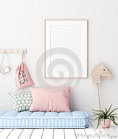 Mock up poster in kids bedroom interior background, Scandinavian style Stock Photo