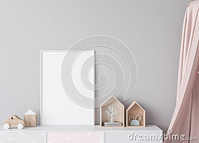 Mock up poster in kids bedroom interior background, Scandinavian style Stock Photo
