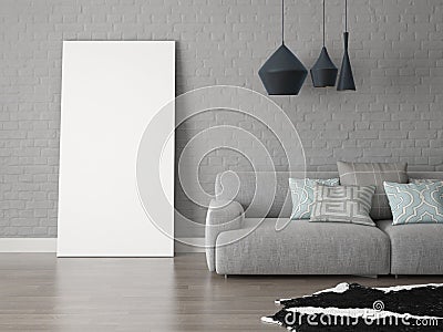 Mock up poster in the living room with modern lamps. Stock Photo