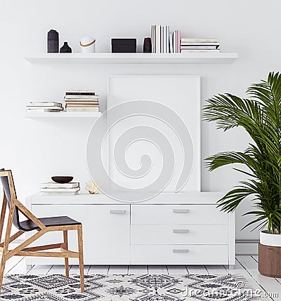 Mock-up poster in living room, Scandinavian style Stock Photo