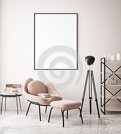 Mock up poster in lounge hipster room, pastel colored, Cartoon Illustration