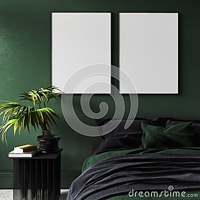 Mock-up poster in modern dark green bedroom interior with potted plant on table Stock Photo