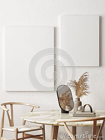 Mock up poster in modern dining room interior design with white empty wall, Cartoon Illustration