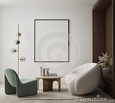 MOck up poster in modern home interior background, Living room, Scandinavian style 3D render Stock Photo