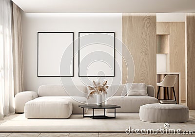 Mock up poster in modern home interior background, Living room, Scandinavian style 3D render Stock Photo