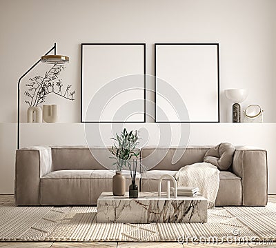 Mock up poster in modern home interior background, Living room, Scandinavian style 3D render Stock Photo