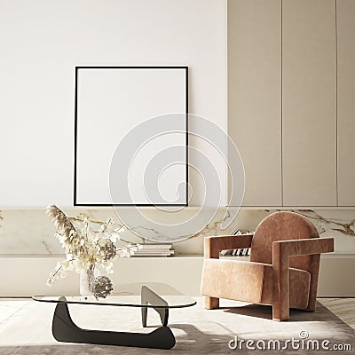 MOck up poster in modern home interior background, Living room, Scandinavian style 3D render Stock Photo