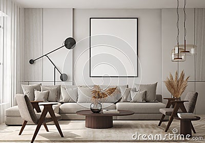 Mock up poster in modern home interior background, Living room, Scandinavian style 3D render Stock Photo