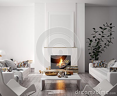 Mock up poster in modern home interior with fireplace, Scandinavian style Stock Photo