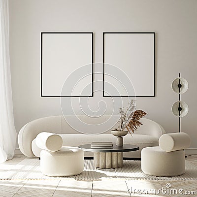 Mock up poster in modern interior background, living room, minimalistic style 3D render Stock Photo