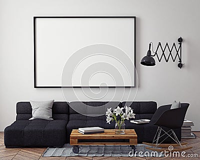 Mock up poster with modern loft interior background, Stock Photo