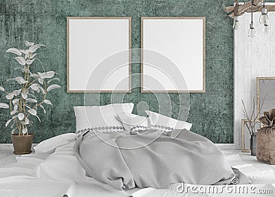 Mock-up poster in old shabby bedroom interior Stock Photo