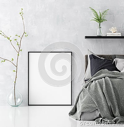 Mock up poster in scandinavian style bedroom interior Stock Photo