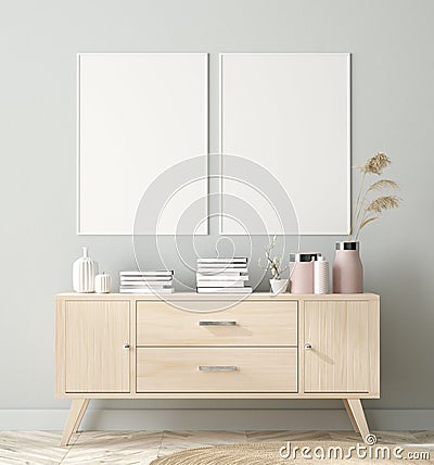 Mock-up poster in Scandinavian style living room background Stock Photo