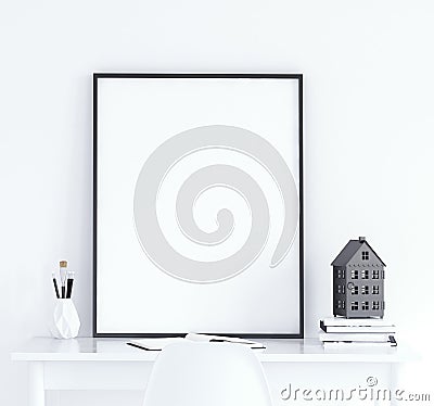 Mock up poster on table, Scandinavian style Stock Photo