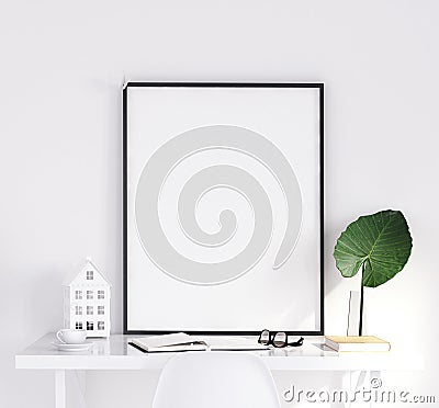 Mock up poster on table, Scandinavian style Stock Photo