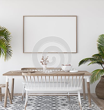 Mock-up poster in tropical living room background, Scandi-boho style Stock Photo