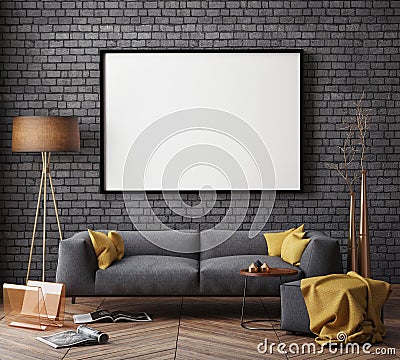 Mock up poster with vintage hipster loft interior background, Stock Photo