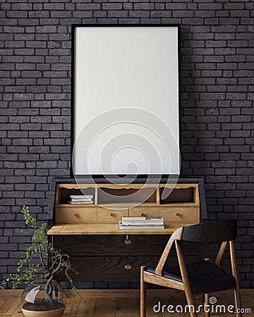 Mock up poster with vintage hipster loft interior background, Stock Photo