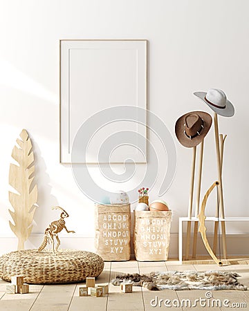 Mock up poster, wall in children bedroom interior background, Scandinavian style Stock Photo