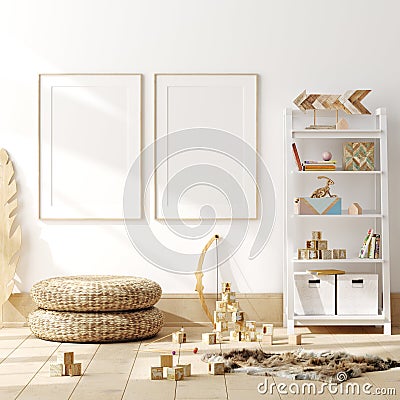 Mock up poster, wall in children bedroom interior background, Scandinavian style Stock Photo