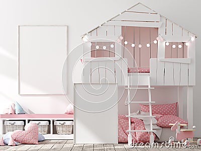 Mock up poster, wall in children bedroom interior background, Scandinavian style Stock Photo