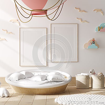 Mock up poster, wall in children bedroom interior background, Scandinavian style Stock Photo