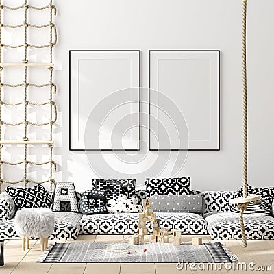 Mock up poster, wall in children bedroom interior background, Scandinavian style Stock Photo