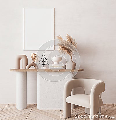 Mock up poster in warm modern style, living room interior with neutral beige colors and wooden decor Stock Photo