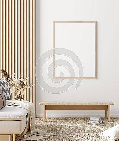 Mock up poster in warm Scandinavian style living room interior with wooden decor Stock Photo