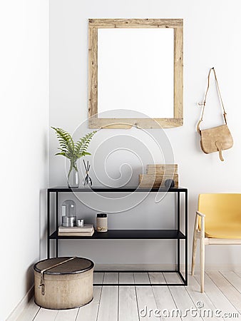 Mock up poster in white interior with kale yellow chair. Stock Photo