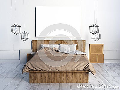 Mock up posters in bedroom interior. Bedroom hipster style. 3d i Cartoon Illustration