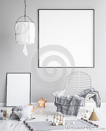Mock up posters frame in children room, scandinavian style interior background Stock Photo